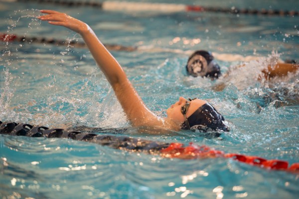 Rachel Crane, seen here vs. William Floyd, turned in the best backstroke in Stony Brook history (Photo credit: Bruce Jeffrey)